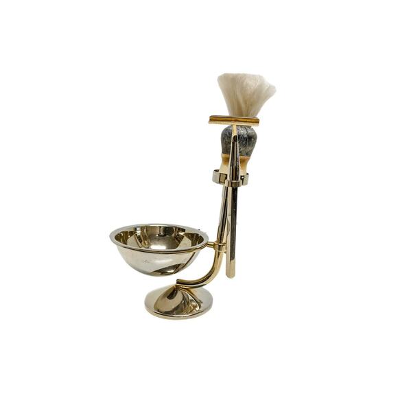 Vintage Brass Shaving Stand Bowl Set With Razor and Brush - Picture 3 of 10